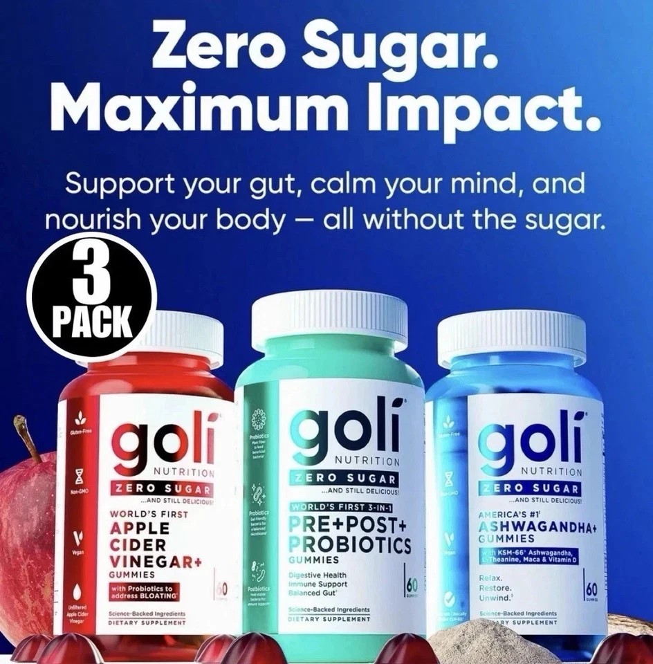 3 Pack Goli Zero Sugar Best Seller Trio Set Gummies 60Caps Per Bottle