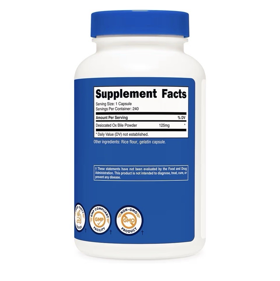 Ox Bile Capsules 240 Count 125 Mg by Nutricost Exp. 01/2028