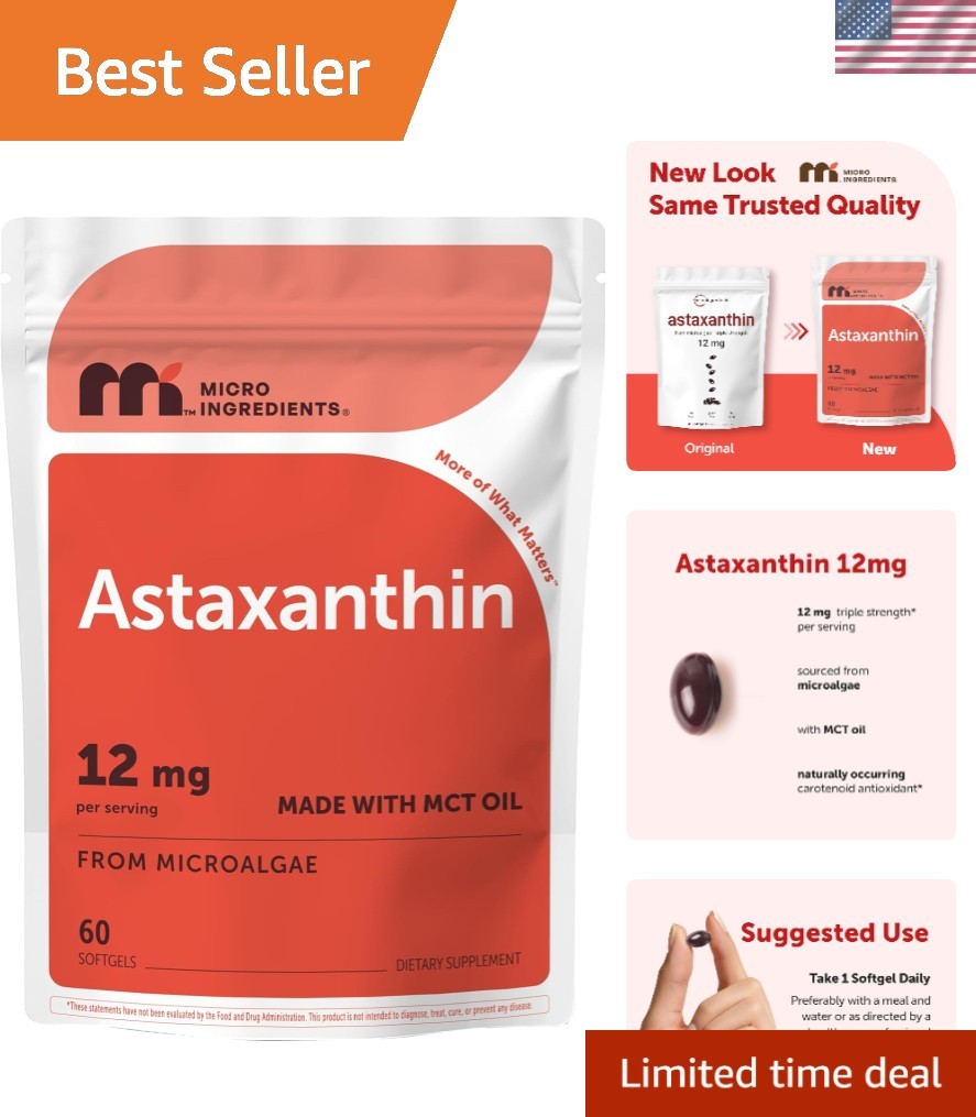 Astaxanthin 12mg Softgels with MCT Oil – 60 Non-GMO & Gluten-Free Softgels