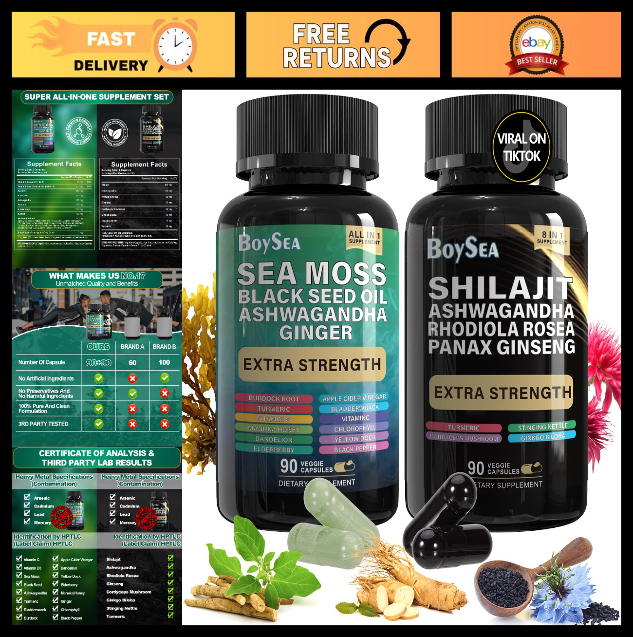 Shilajit & Sea Moss Bundle – 180 Count Supplements with Black Seed Oil, Ashwagan