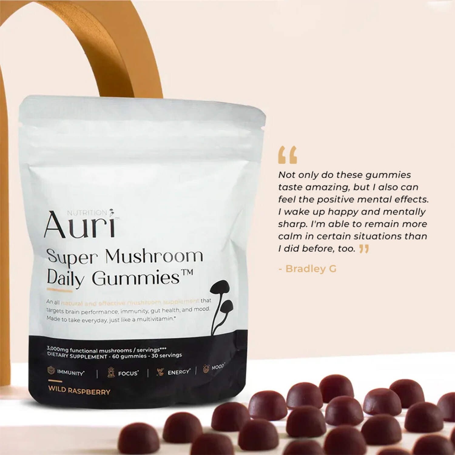 Auri Nutrition Super Mushroom Daily Gummies Wild Raspberry 60 ct. Immunity Focus
