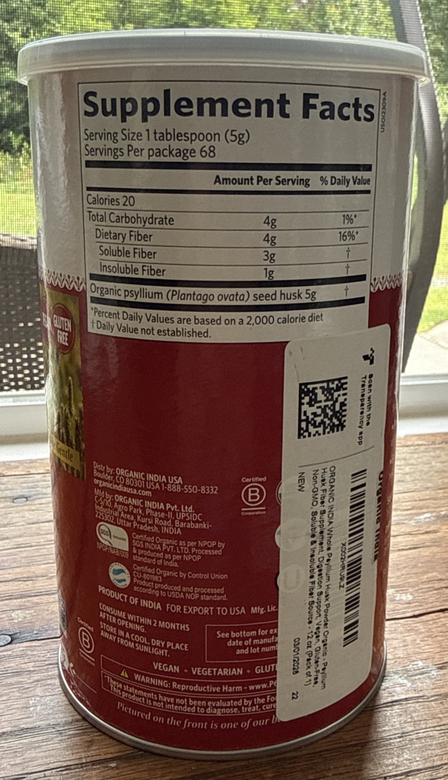 ORGANIC INDIA Psyllium Whole Husk Fiber Powder 12 oz – Exp 3/28 Keto Paleo Vegan