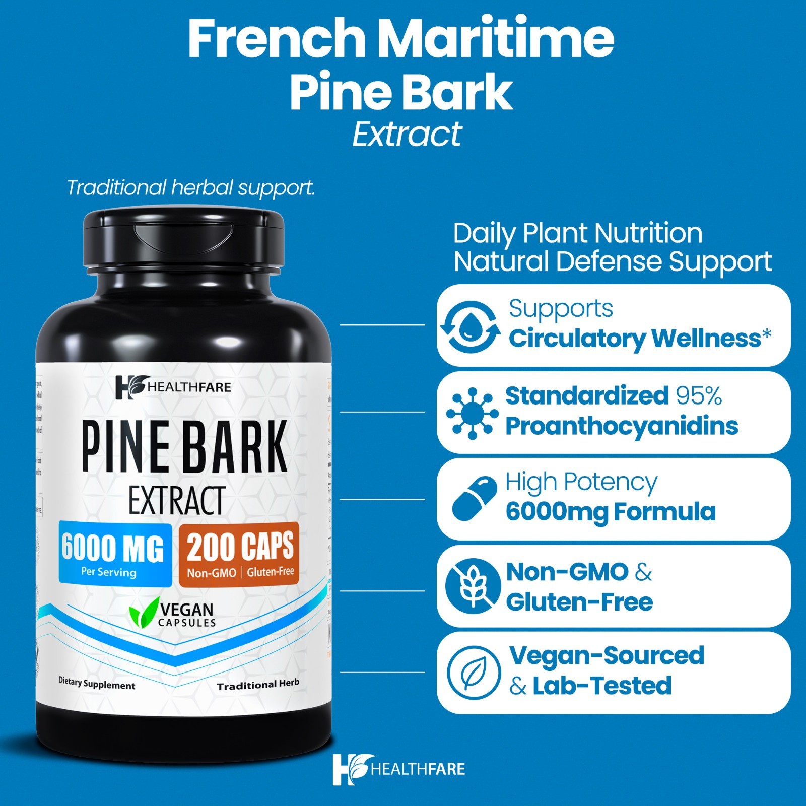 Healthfare French Maritime Pine Bark Extract Organic | 6000 mg | 200 Capsules