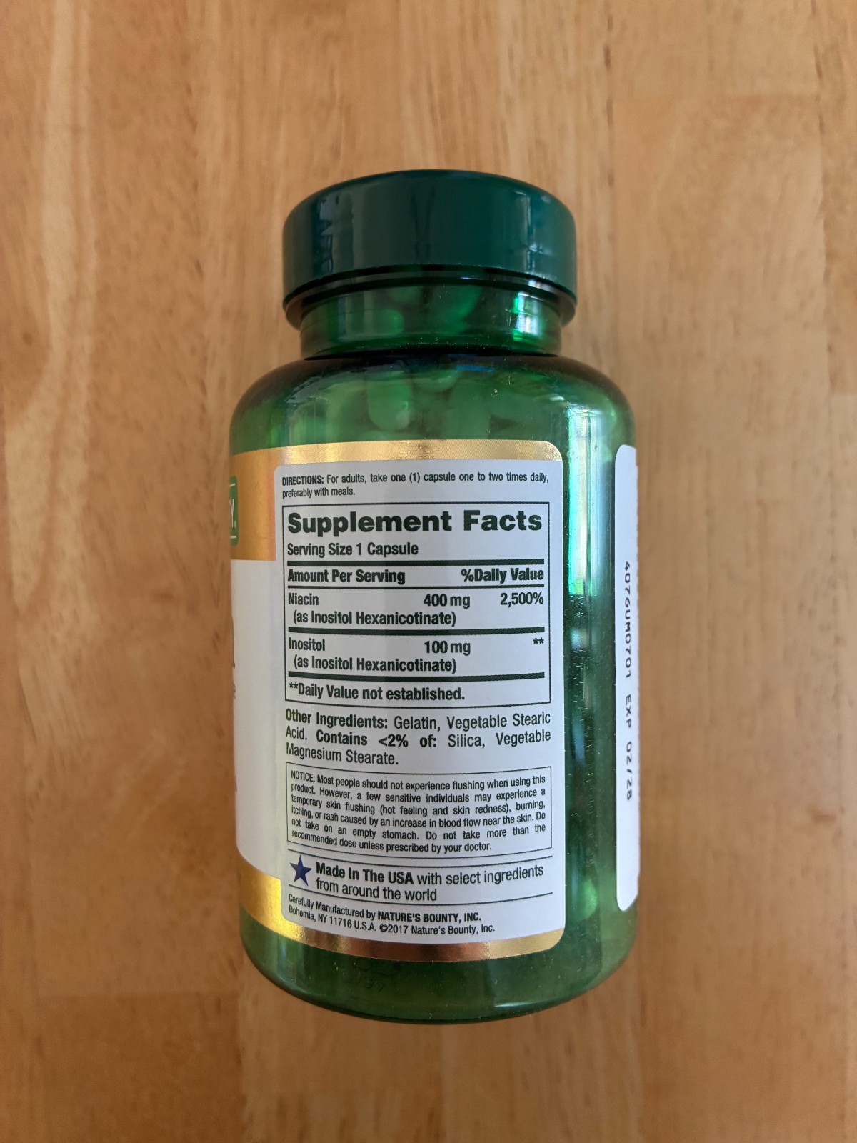Natures Bounty Niacin 500 mg 120 Capsules 02/2028