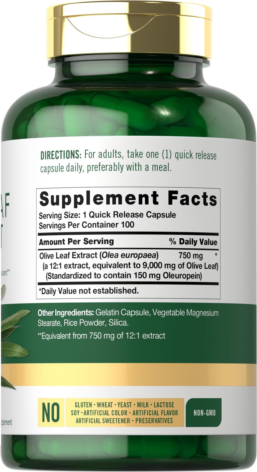 Carlyle Olive Leaf Extract 750 mg | 100 Capsules | with 100 Count (Pack of 1)