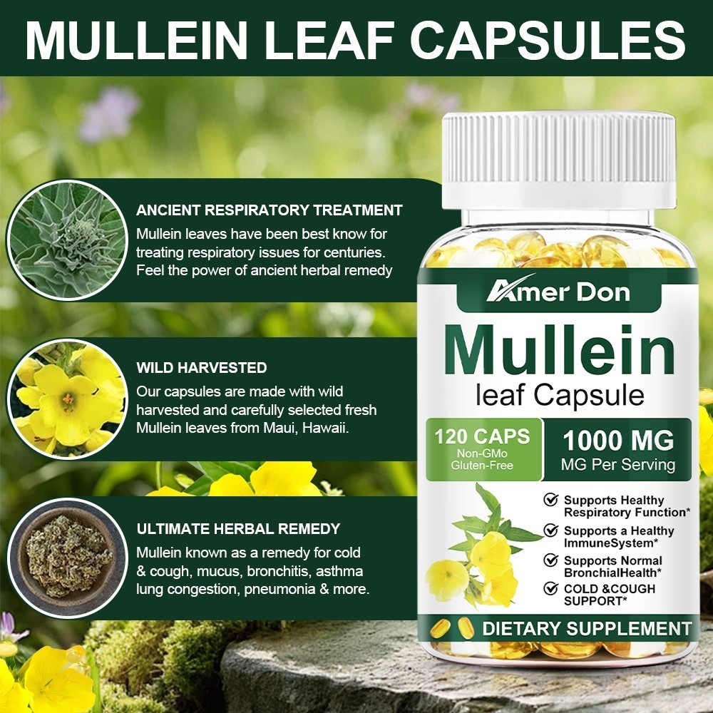 Mullein Leaf Capsules 1000mg – Support Lung Cleanse Respiratory Health Vegan