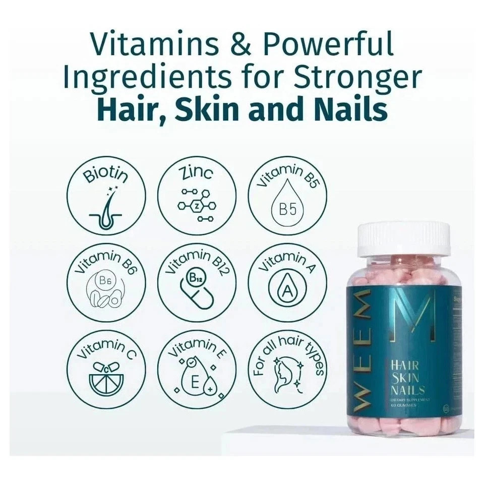 5 pack of WEEM Hair Skin and Nails Gummies, Vegan biotin Vitamins, Healthy Hair