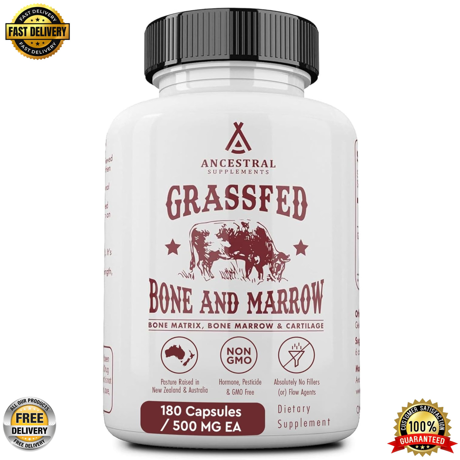 Ancestral Supplements Grass Fed Beef Bone and Marrow Supplement, 3000mg – 180 CT