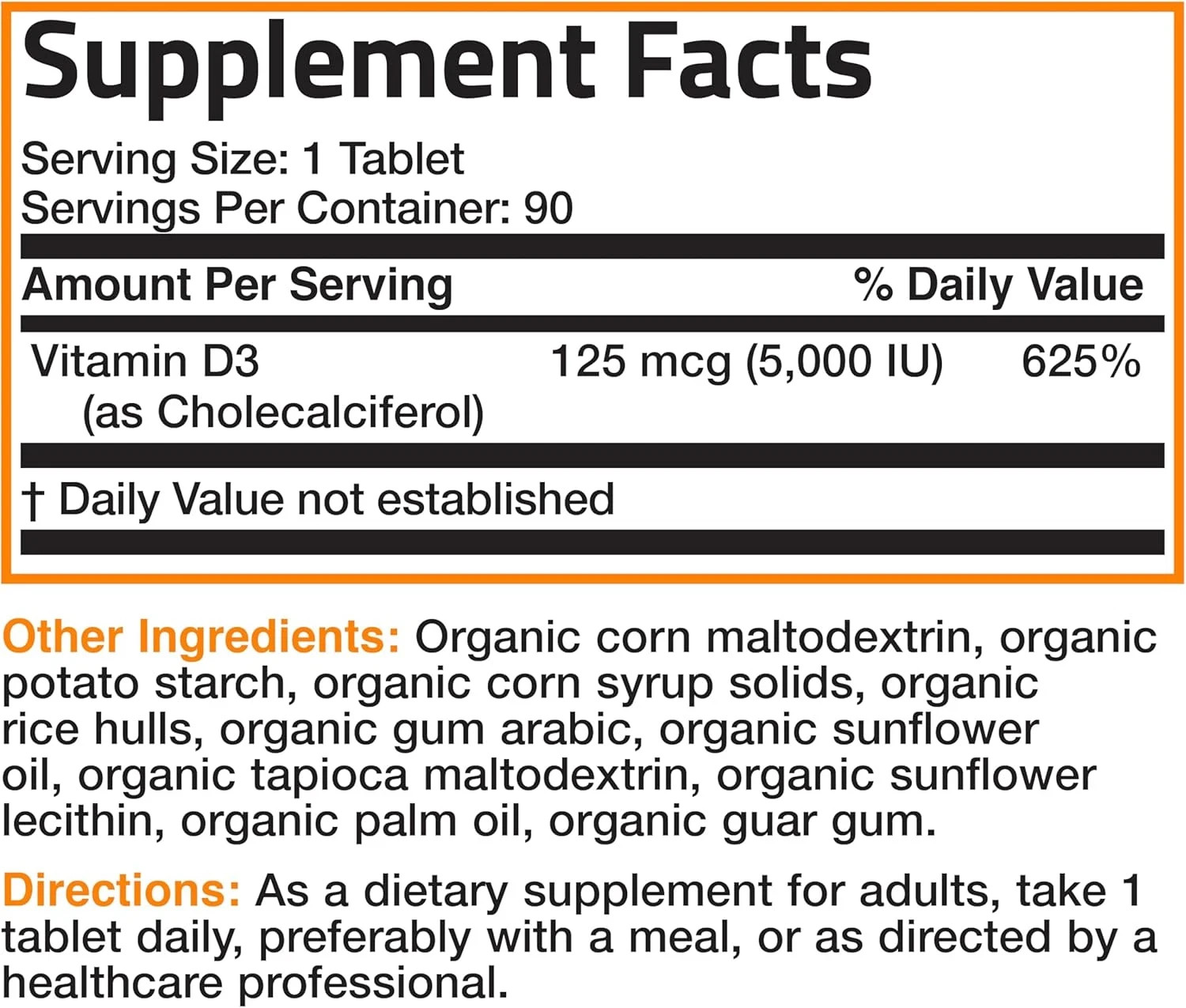 Bronson Vitamin D3 5000 IU Certified Organic Vitamin D Supplement 125mcg Tablets