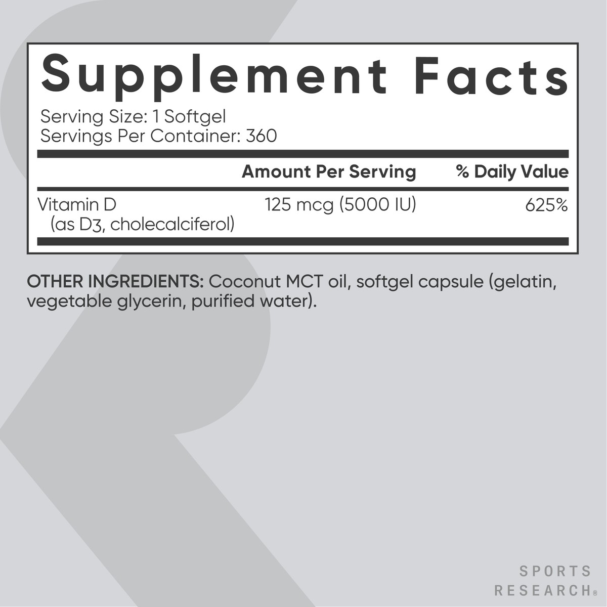 Vitamin D3 5000iu (360 softgels) FG160A