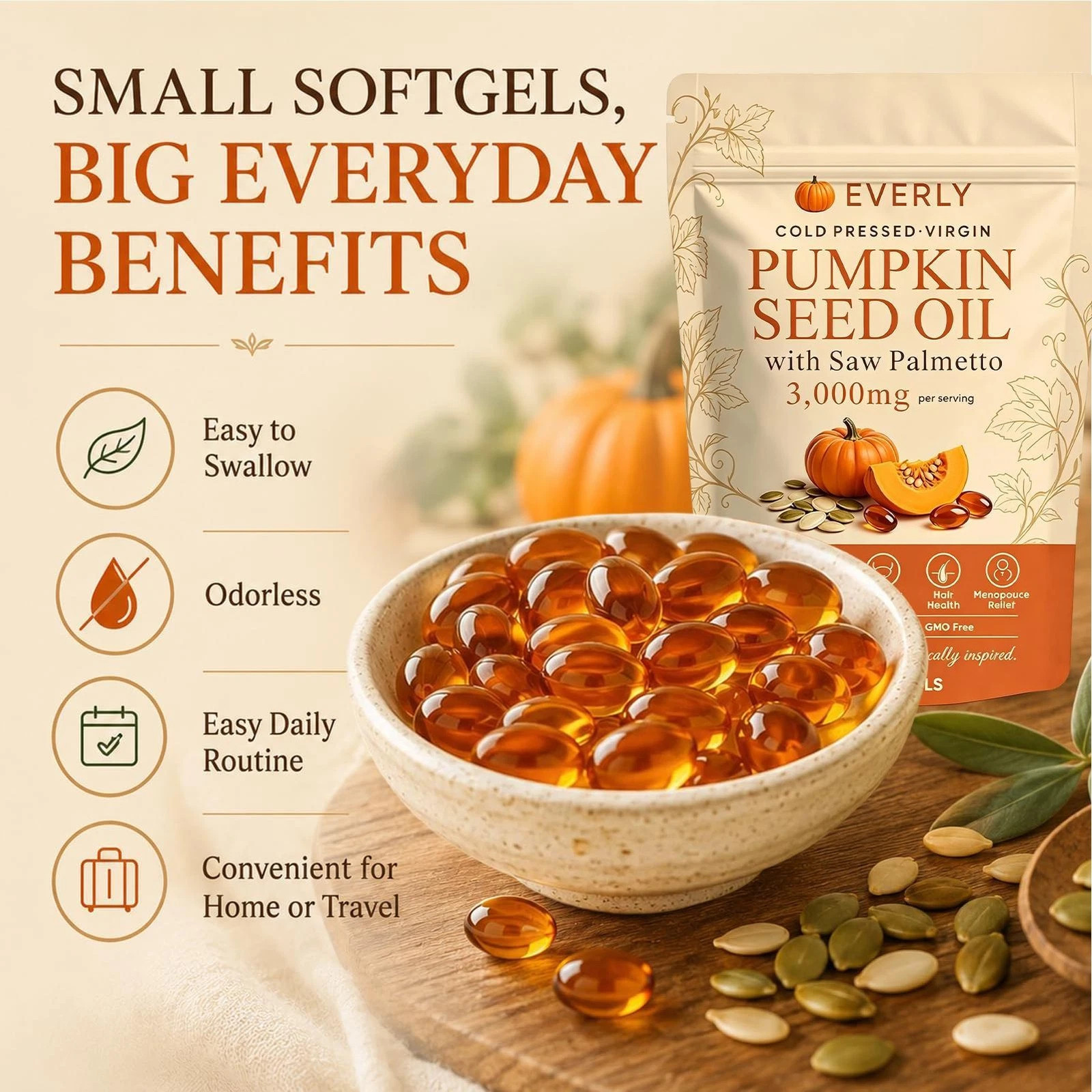 Everly Pumpkin Seed Oil with Saw Palme tto, 180 Softgels, Cold Pressed Pumpkin