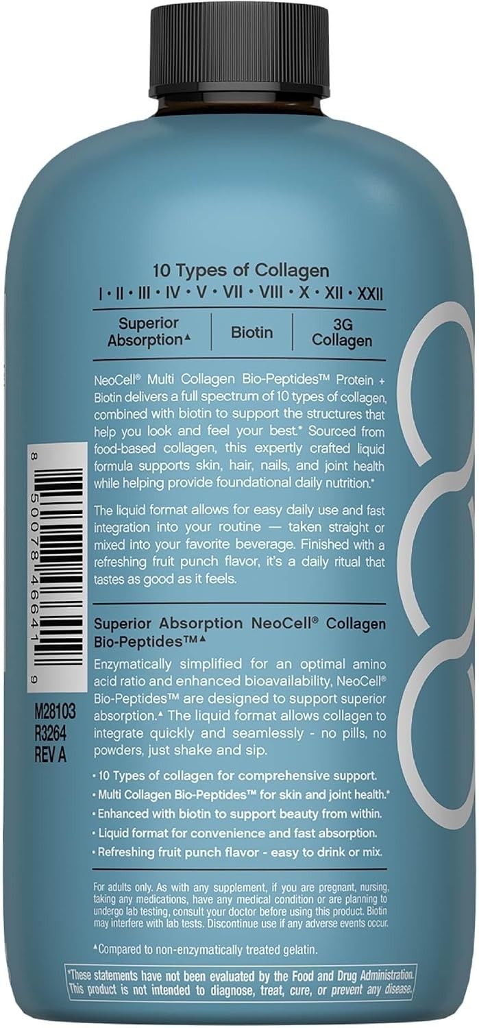 NeoCell Liquid Multi Collagen Peptides | 16 Fl Oz | Protein Plus Biotin | 10 Typ