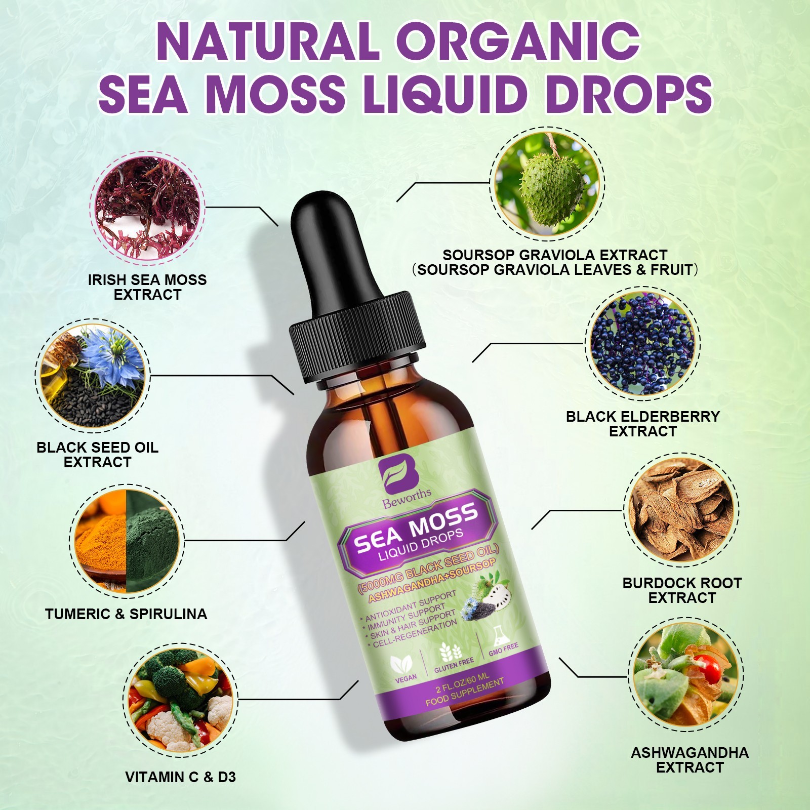 2 Pack Certified Organic Sea Moss Drops Irish Sea Moss Bladderwrack Burdock Root
