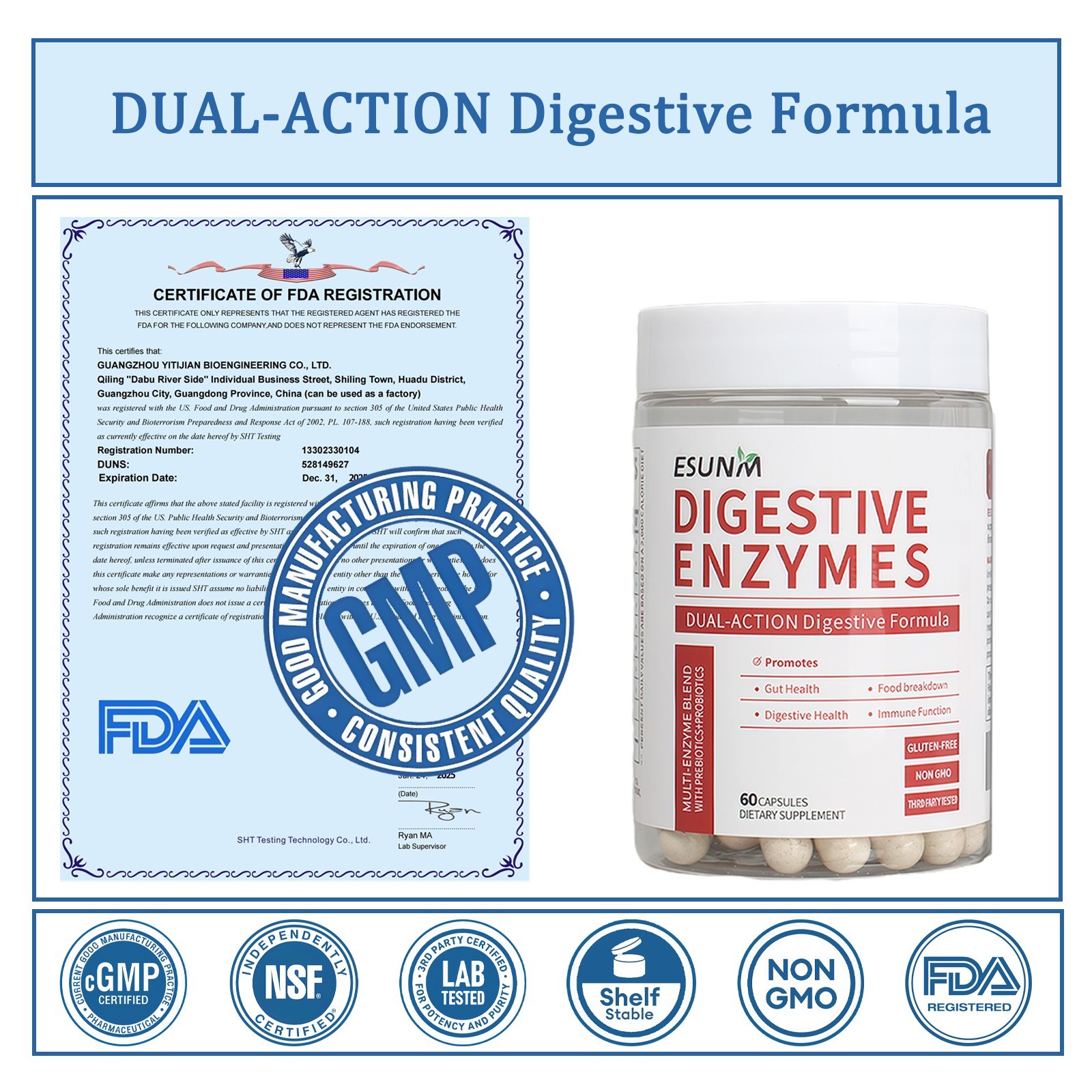 ESUNM Dual-Action Digestive Enzymes,Multi Enzymes Probiotics+Organic Prebiotics
