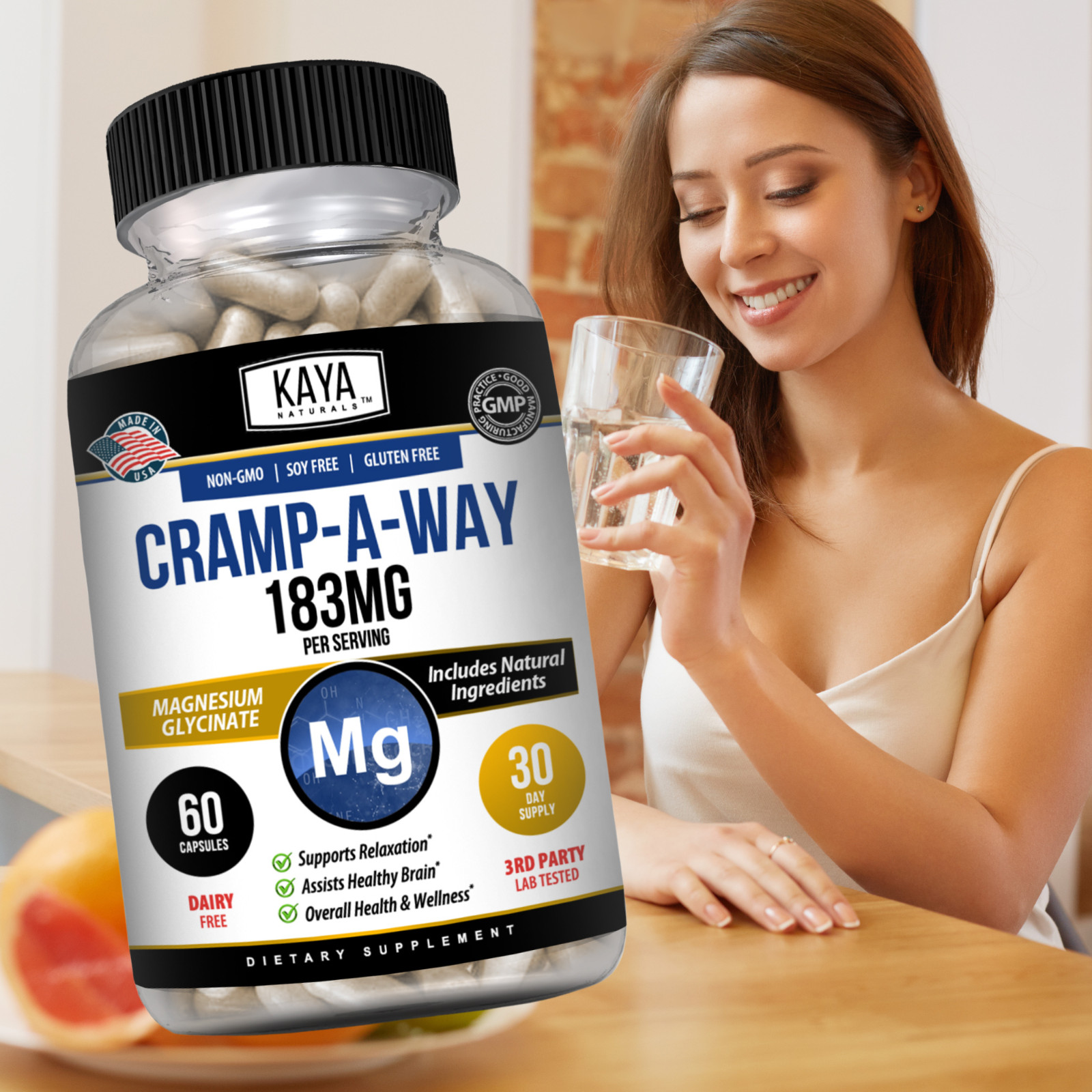 (2 Pack) Cramp-A-Way 60ct Magnesium Glycinate, Sleep Aid, Joint & Bone Support