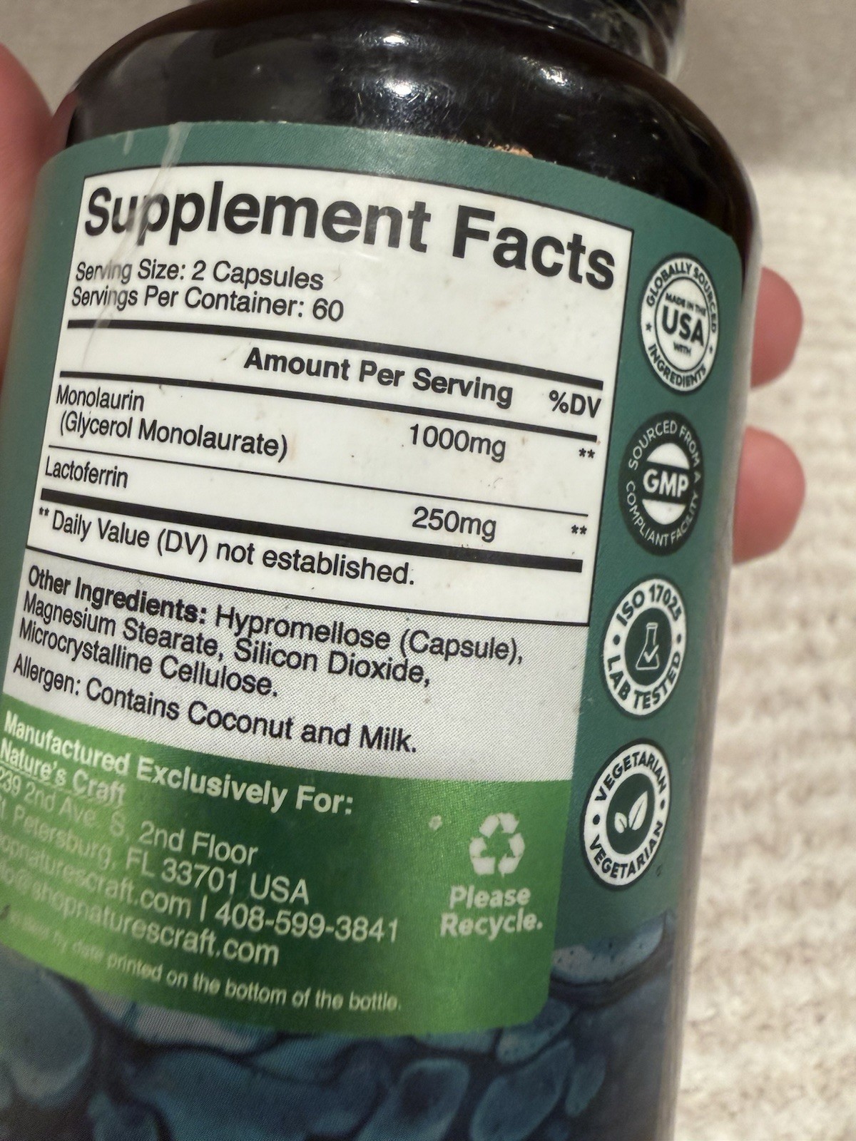 Nature’s Craft Monolaurin + Lactoferrin 1250mg, Superfoods Promote Gut Health