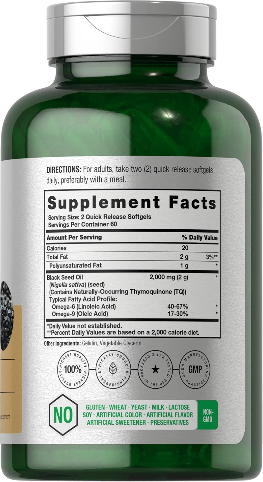 Cold Pressed Black Seed Oil Softgel Capsules 2000mg | 120 Count | Omega 6 & 9 |