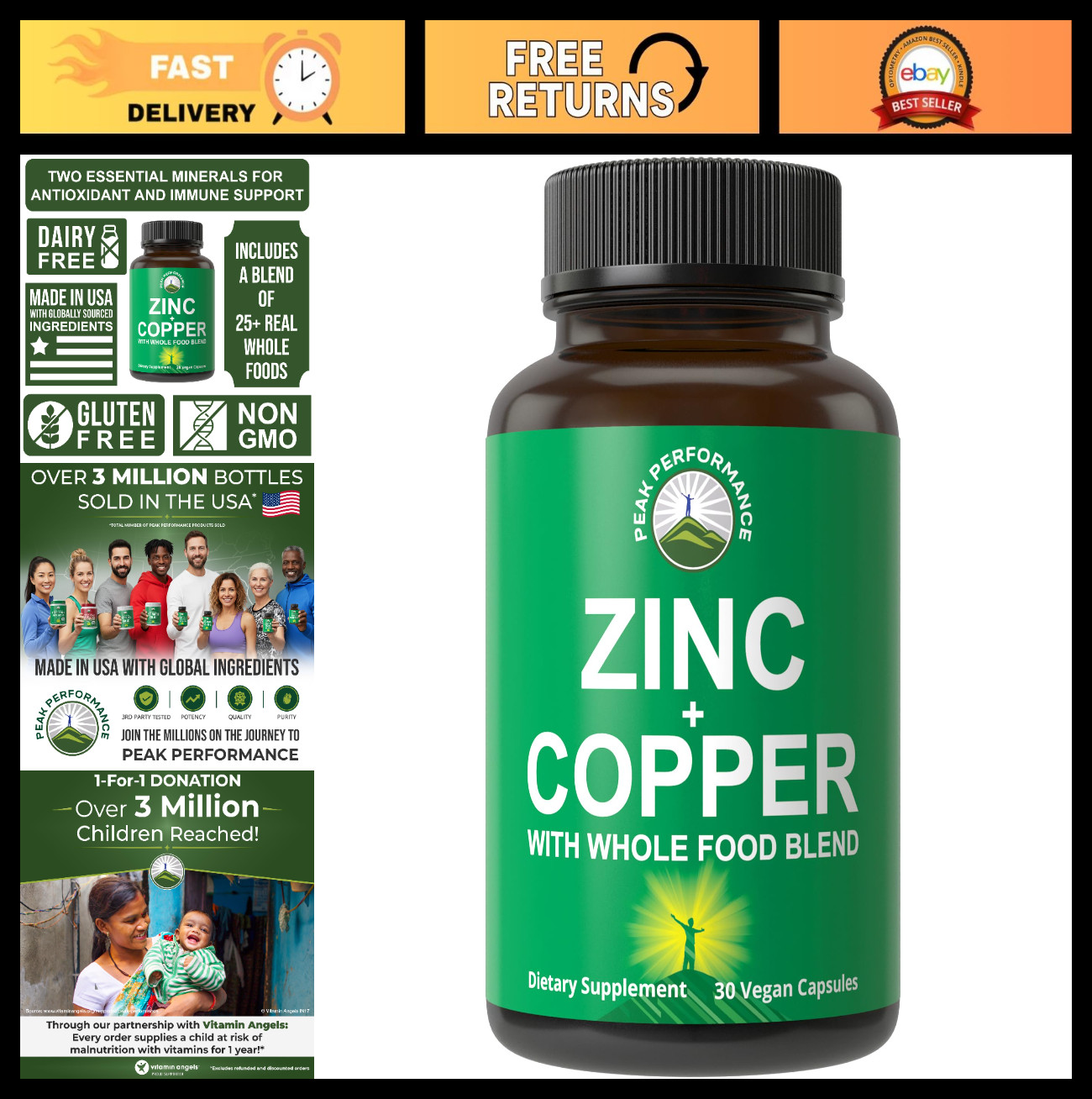 Zinc & Copper Capsules with 25+ Whole Food Veggies & Fruits | Immune Support Sup