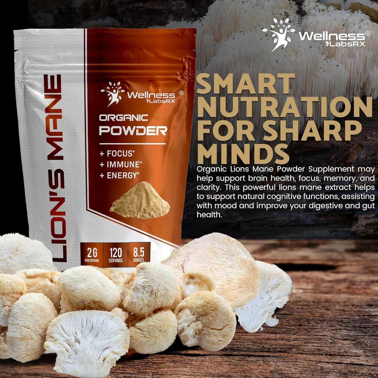 Lions Mane Powder 2000mg | Brain & Immune Support | 120 Servings Vegan, Non-GMO
