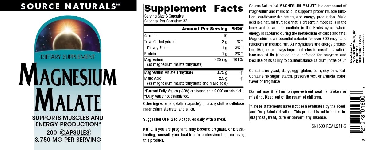 Source Naturals Magnesium Malate, Supports Muscles and 200 Count (Pack of 1)
