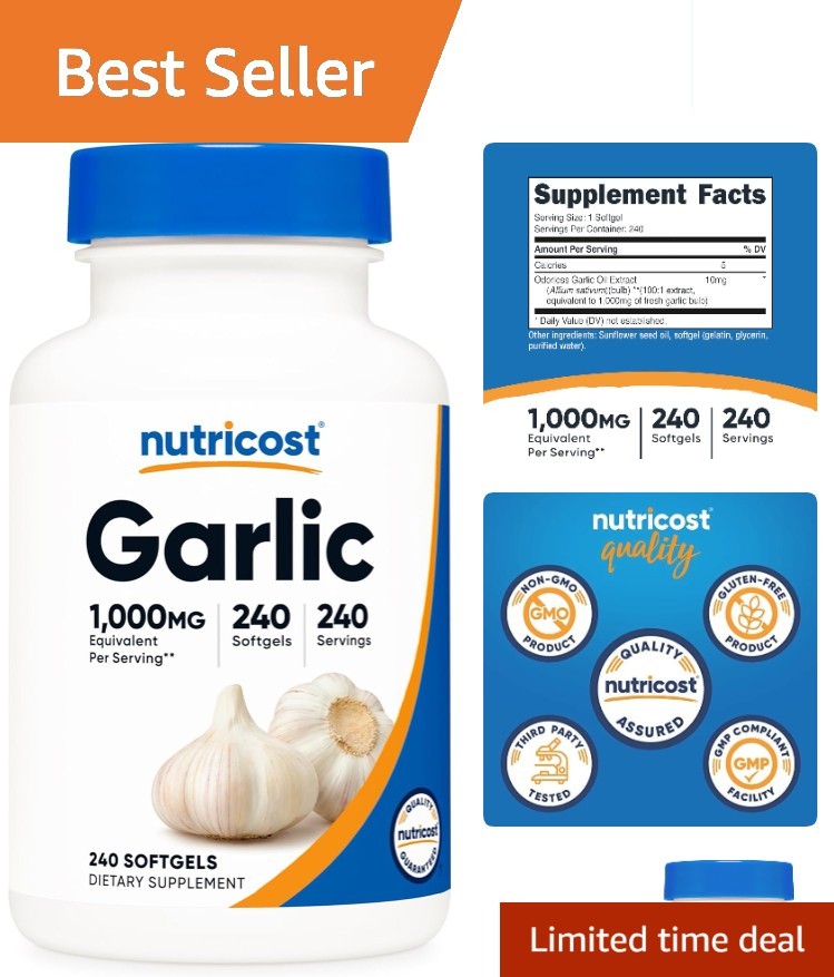 240 Count Garlic 1000mg Softgels – Easy to Swallow, Odor-Free Wellness Boost