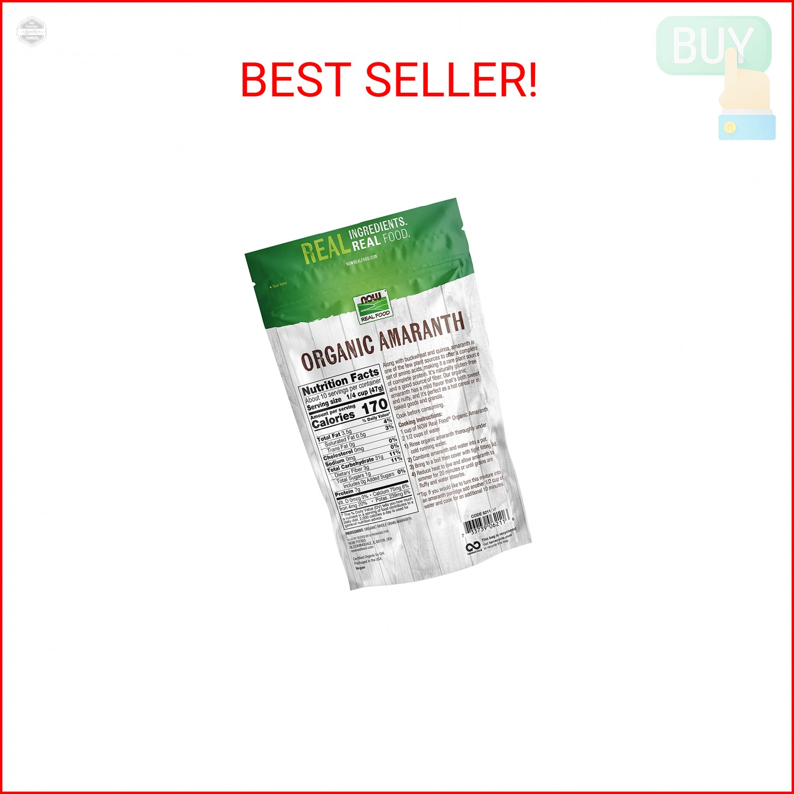 NOW Foods, Organic Amaranth Whole Grain, Source of Protein and Fiber, Gluten-Fre