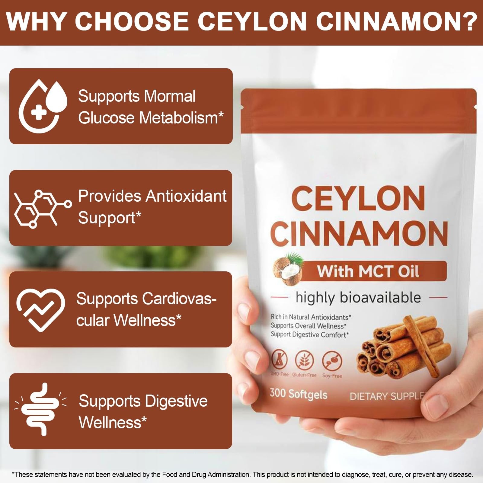 Ceylon Cinnamon Softgels with MCT Oil – 300 Count, Digestive Support, Non-GMO, G