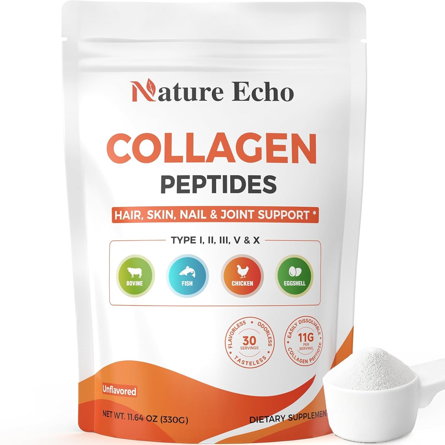 Hydrolyzed Collagen Peptides Powder 11g Unflavored 30 Serving 11.64 Ounce Pack