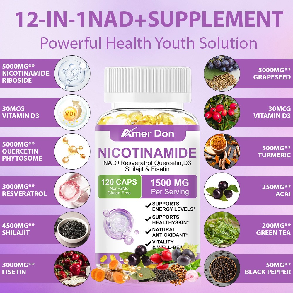 Nicotinamide Resveratrol Capsules 1500MG, Anti-aging NAD Supplement 120 Capsules