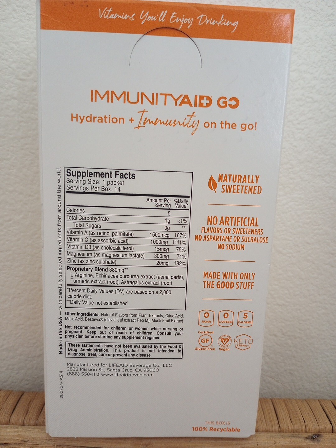 LIFEAID IMMUNITY Hydration Sugar Free 14 Servings 1box Orange Powder Drink Mix