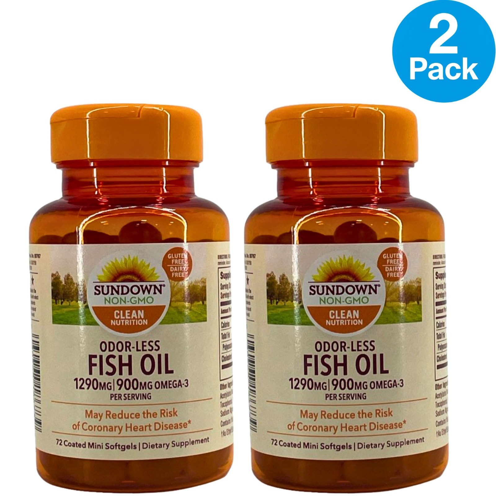 Sundown Odorless Fish Oil 1290mg 72 Softgels 2 Pack Exp 08/2026 New