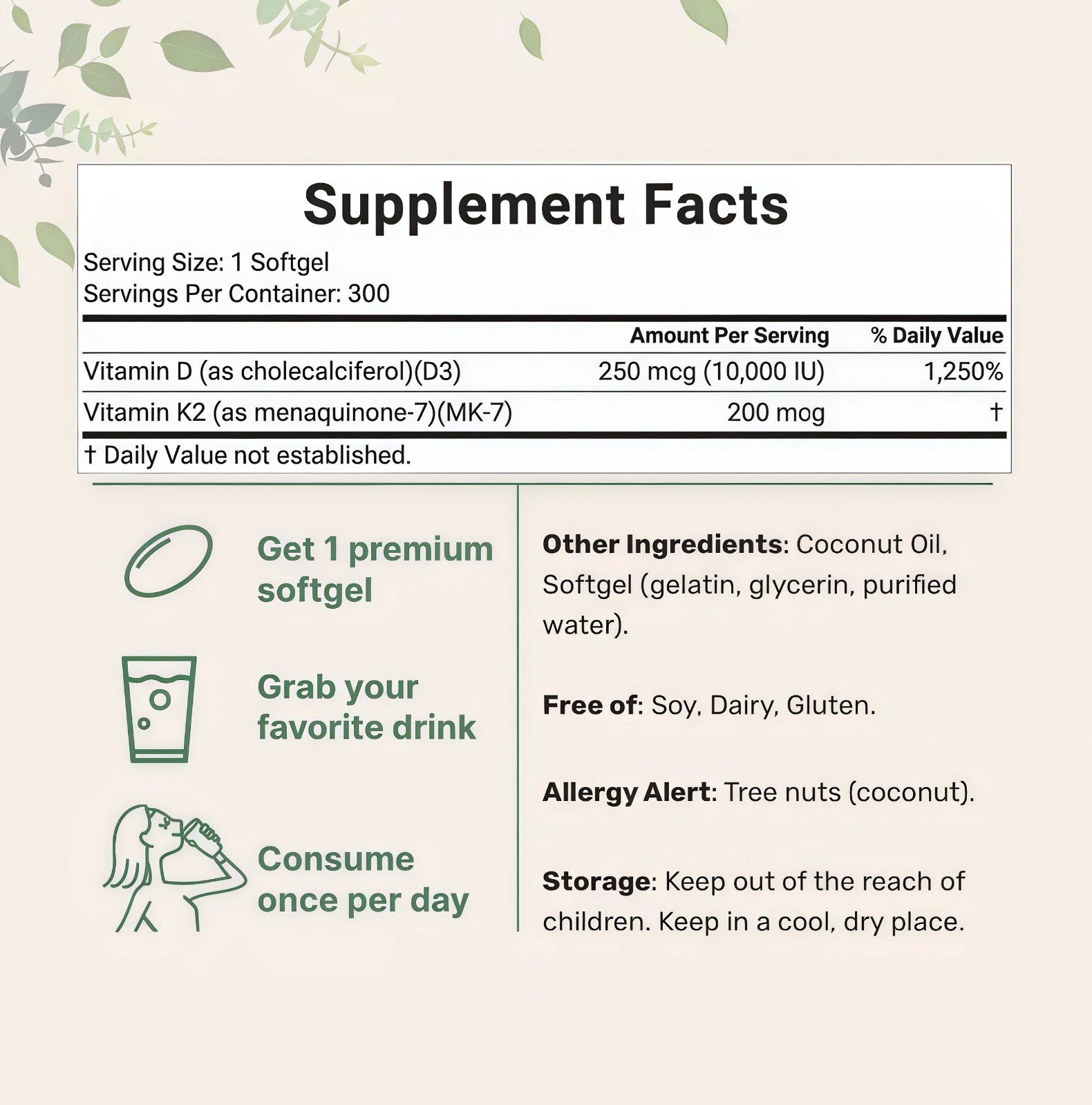 2 PCS Vitamin D3 10000 iu Plus K2 (MK-7) 200 mcg,300 Virgin Coconut Oil Softgels