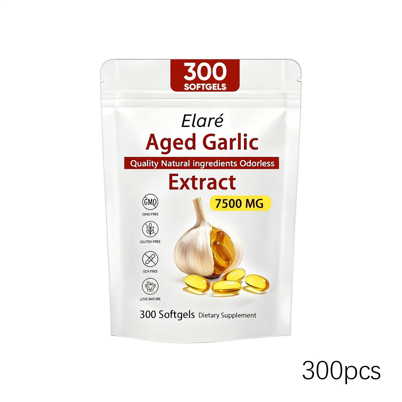 1 PACK Elare Aged Garlic Extract, 300 Softgels, 7500mg Odorless | Heart & Immune