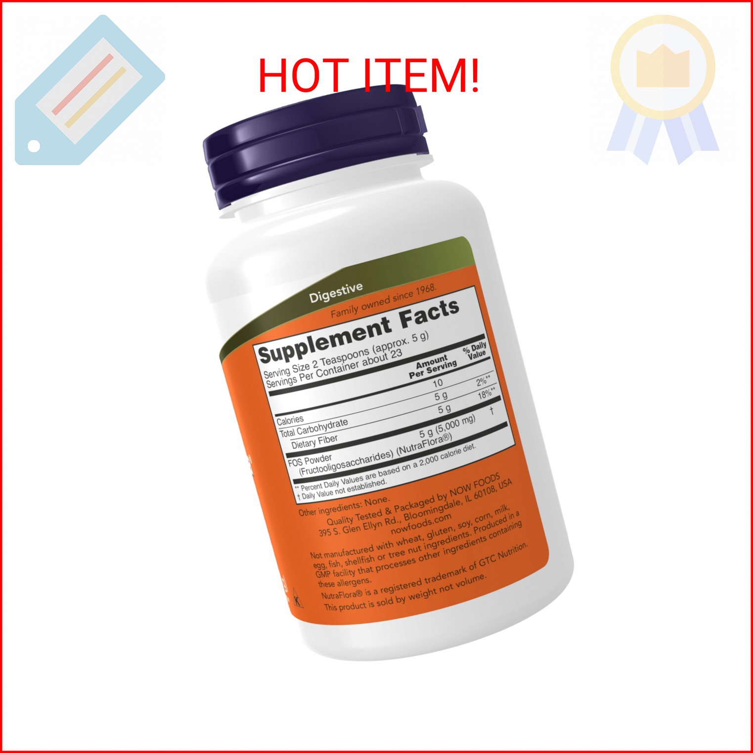 NOW Foods Supplements, NutraFlora FOS (Fructooligosaccharides) Pure Powder, Preb