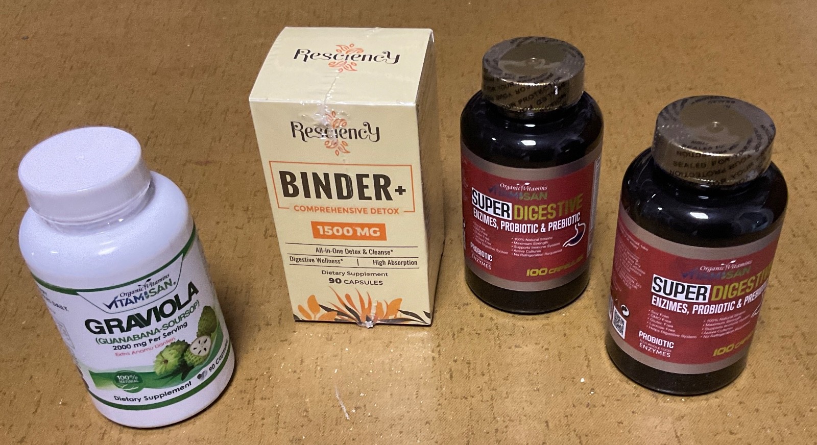 2 Bottles of Pro/Prebiotics & Enzymes…1 Detox Binder…1 Graviola..4 Bottles Total