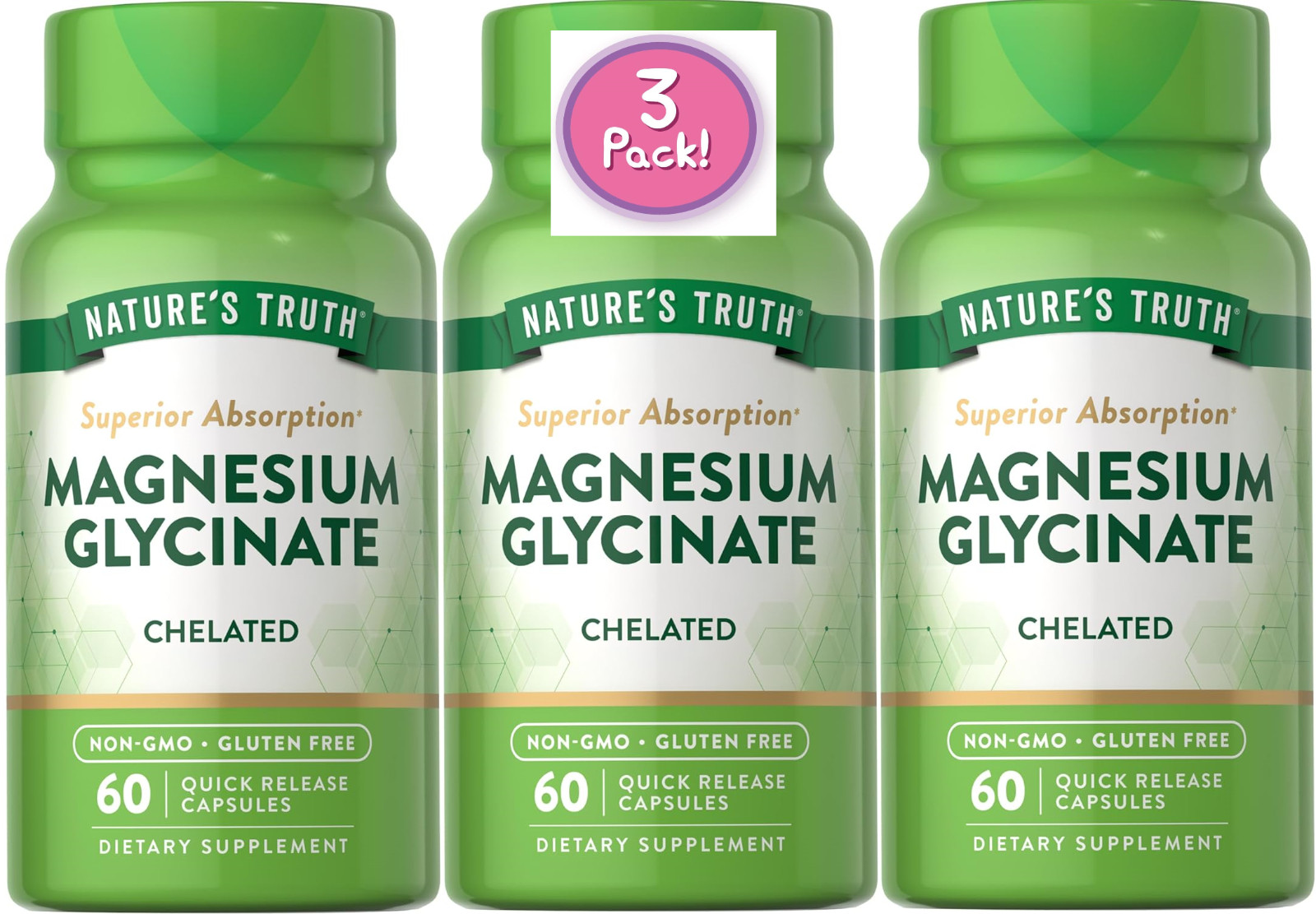 3 Pack Magnesium Glycinate 180 Caps (3×60) 200mg Sleep, Cramping, Blood Pressure