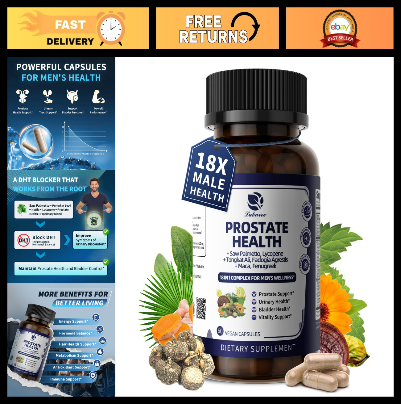 Prostate Health Supplements for Men – 60 CT Urinary Tract Support, DHT Blocker,