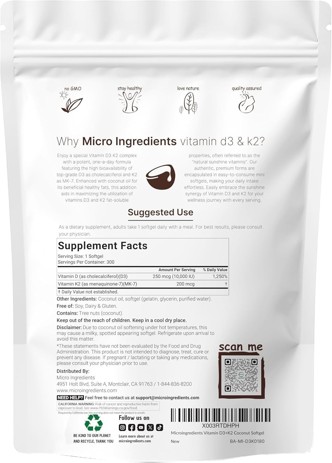 Vitamin D3 10000 iu Plus K2 (MK-7) 200 mcg, 300 Virgin Coconut Oil Softgels NEW