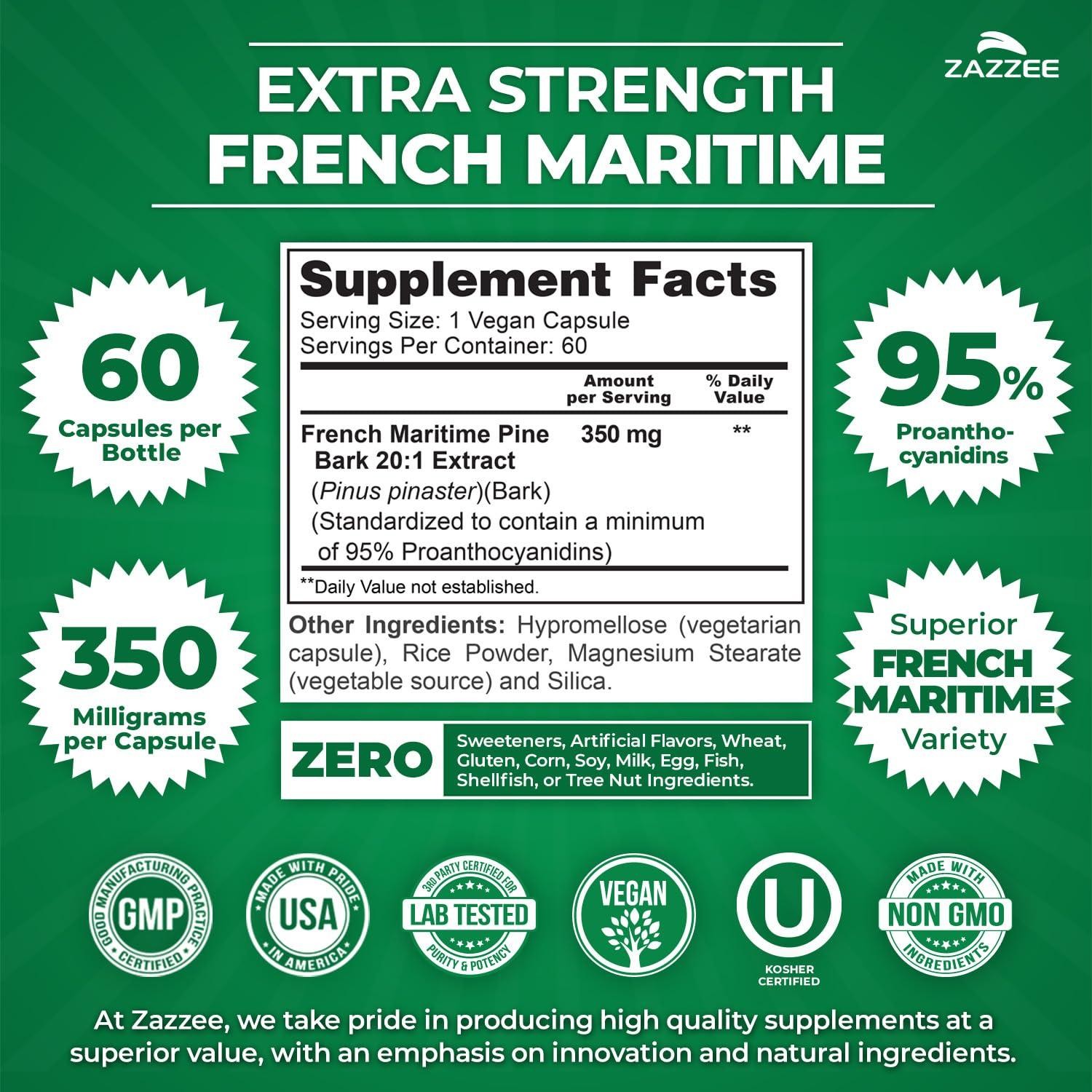 Zazzee Extra Strength French Maritime Pine Bark 20:1 Extract, 350 mg Per Capsule