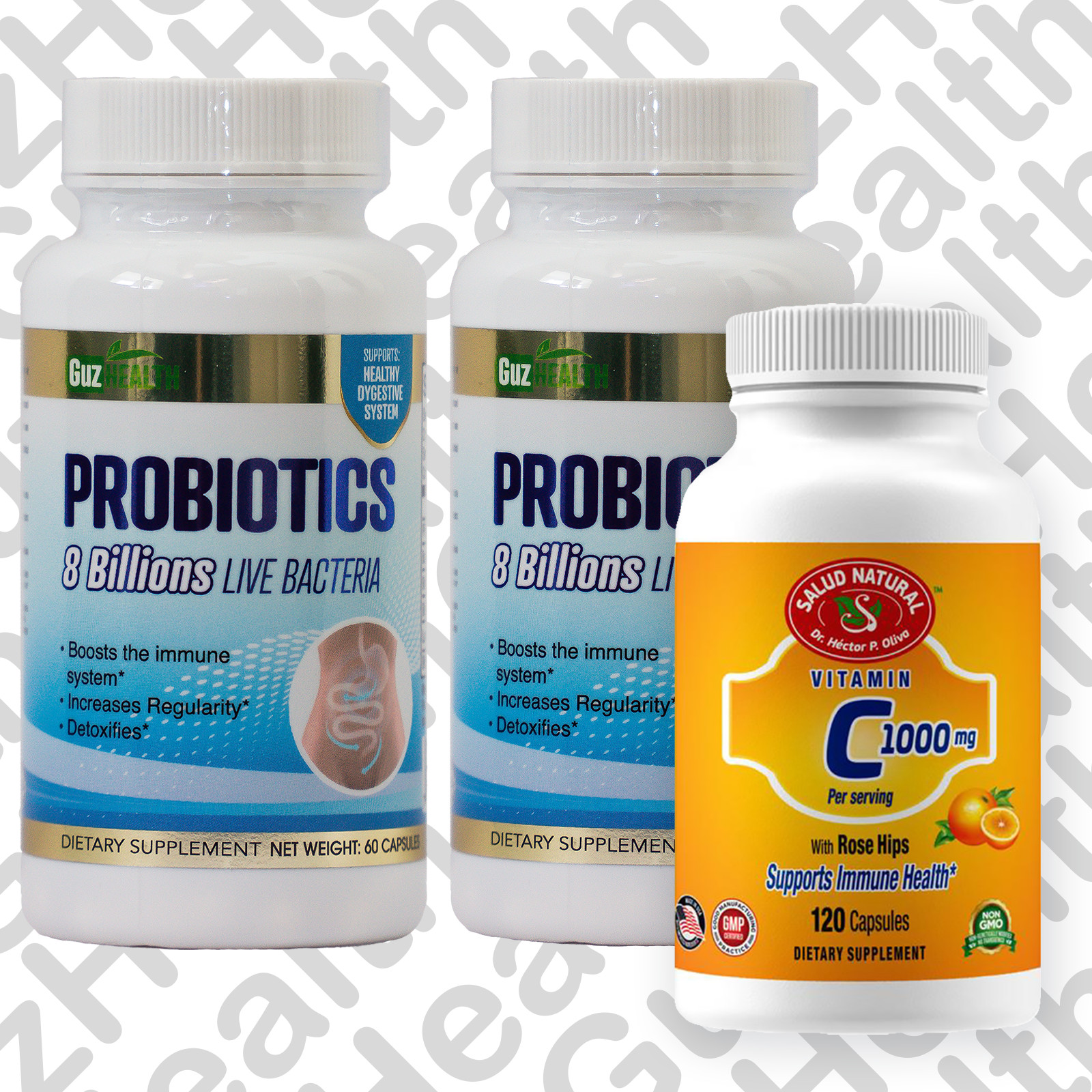 PROBIOTICS – 2x 8 Billion LIVE Bacteria 60 Capsules & FREE VITAMIN C 120CAPSULES