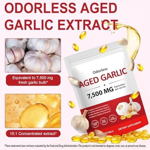 Odorless Garlic 7500Mg per Servings, 300 Softgels | 2 Years Aged Garlic Extra…