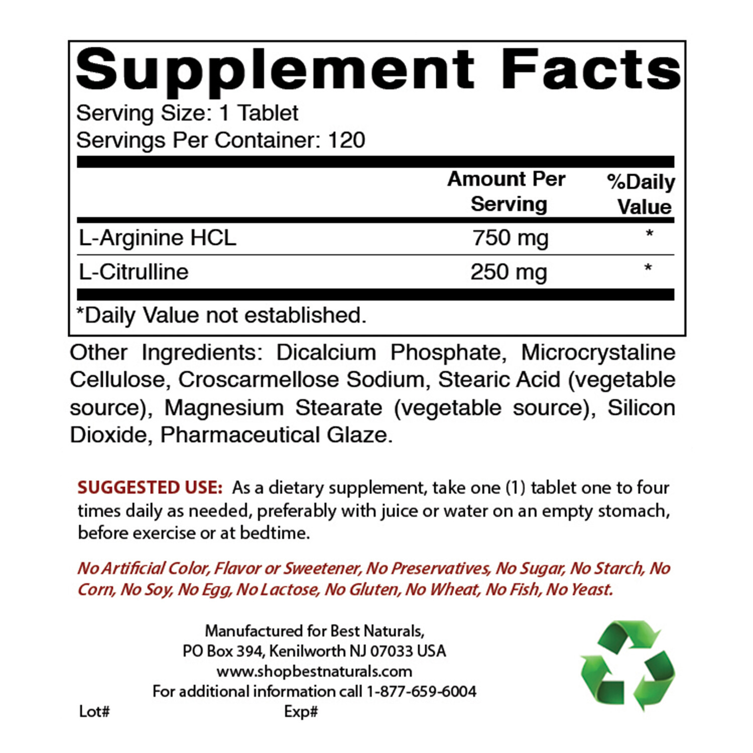 2 Pack Best Naturals L-Arginine L-Citruline Complex 1000 mg 120 Tablets