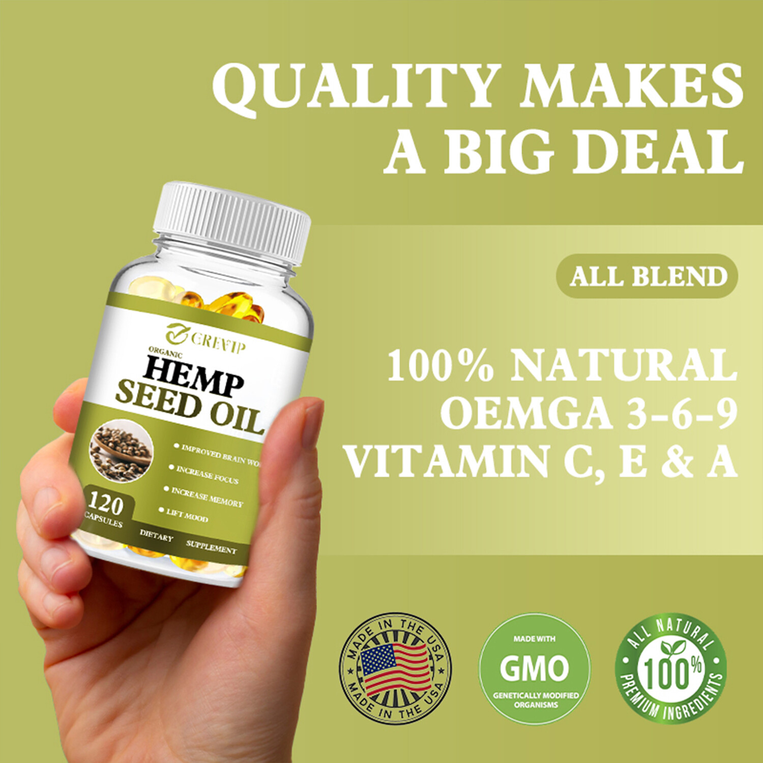 Hemp Seed Oil – for Calm, Sleep, Stress, Anxiety, Pain – Vitamin A, Omega-3,6,9