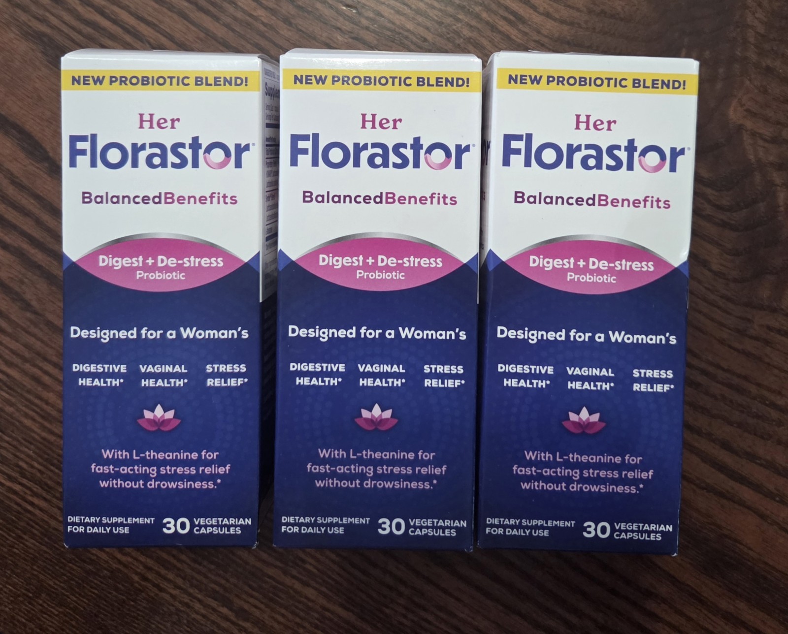 3 New Her Florastor Digest + De-Stress Probiotic – 30 Capsules Each Exp. 08/2026