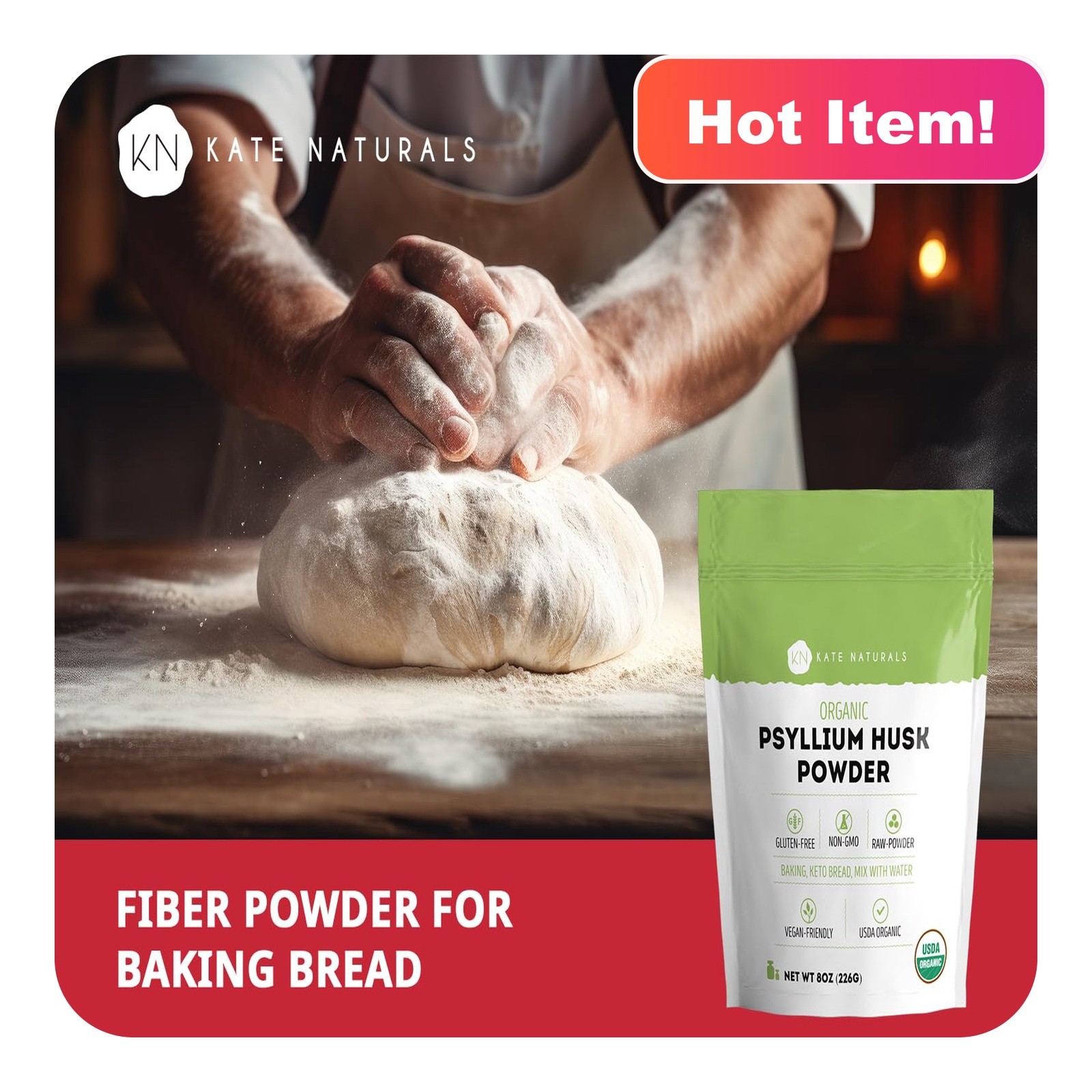 Kate Naturals Psyllium Husk Powder 8oz Organic Gluten Free Baking Digestion