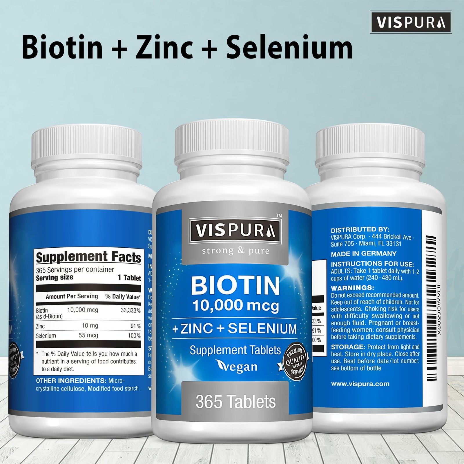 Biotin 10000 mcg + Zinc + Selenium, Pure, Vegan & Extra 365 Count (Pack of 1)