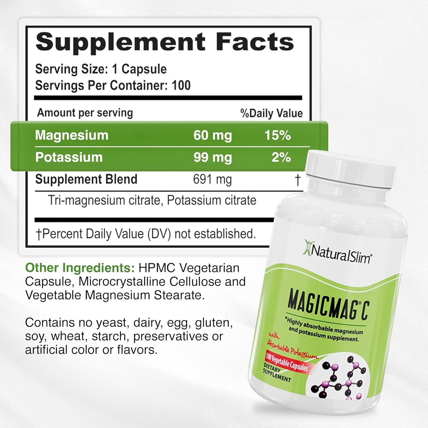 NaturalSlim Potassium Magnesium Supplement 100 Capsules 100 Count (Pack of 1)