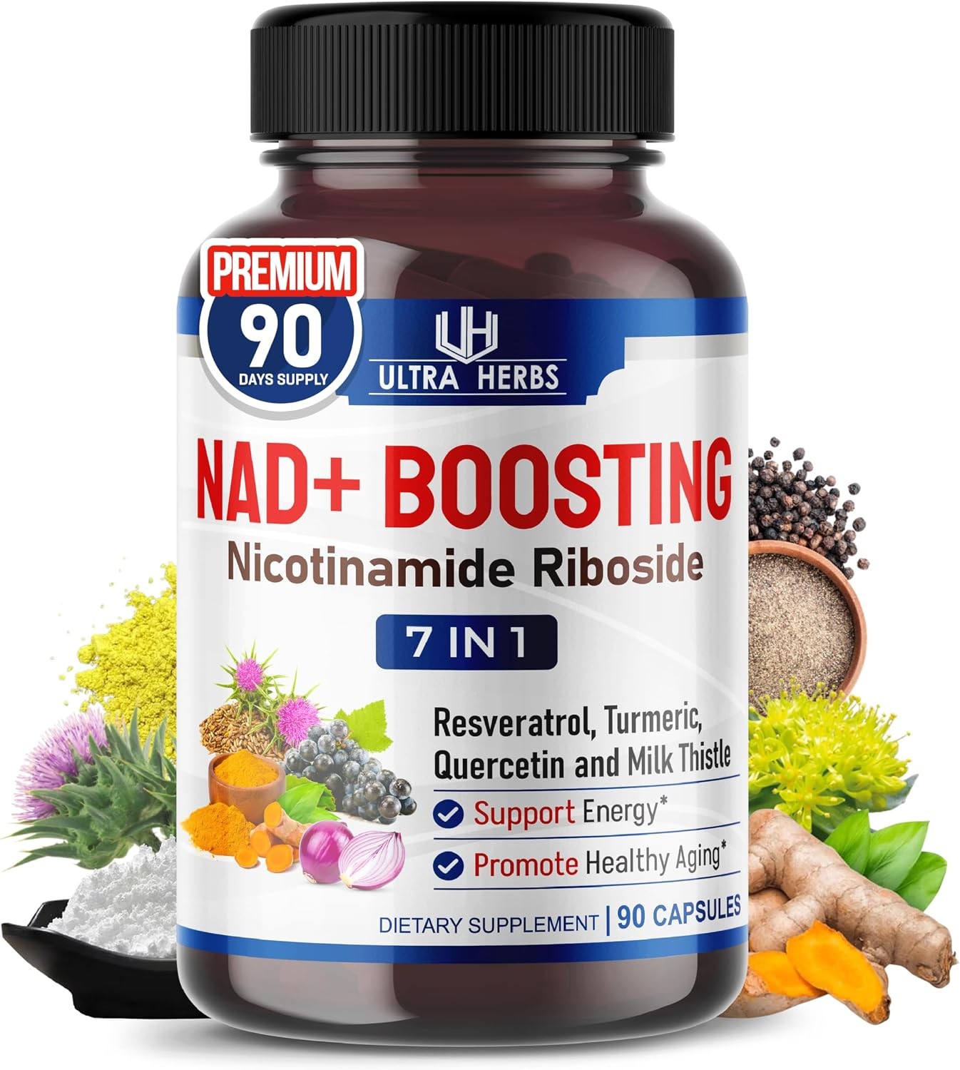 NAD+ Boosting Nicotinamide Riboside Resveratrol Tumeric Quercetin & Milk Thistle