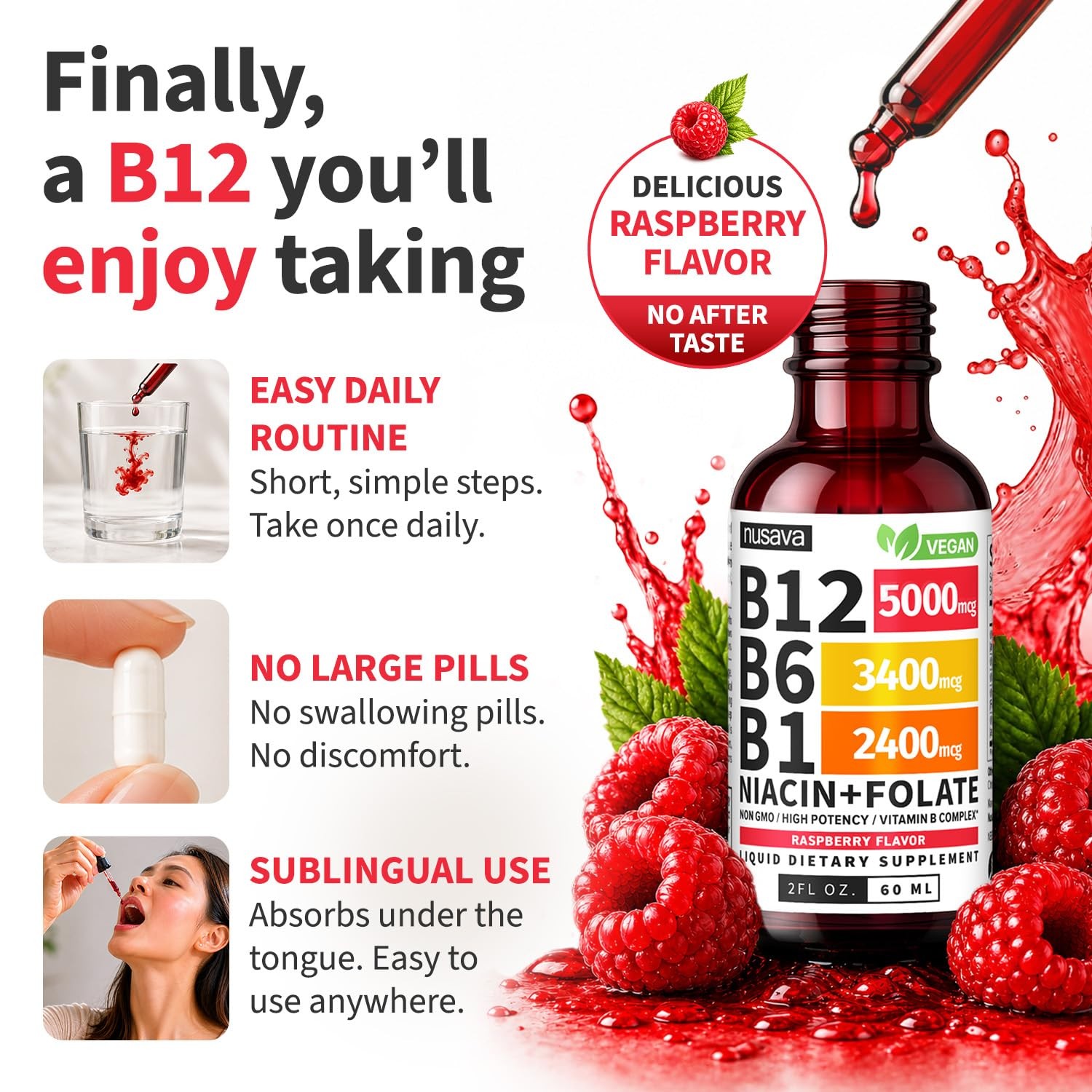 Vitamin B12 Liquid Drops 2 Fl Oz Sublingual B12 Supplement Raspberry Flavor B6