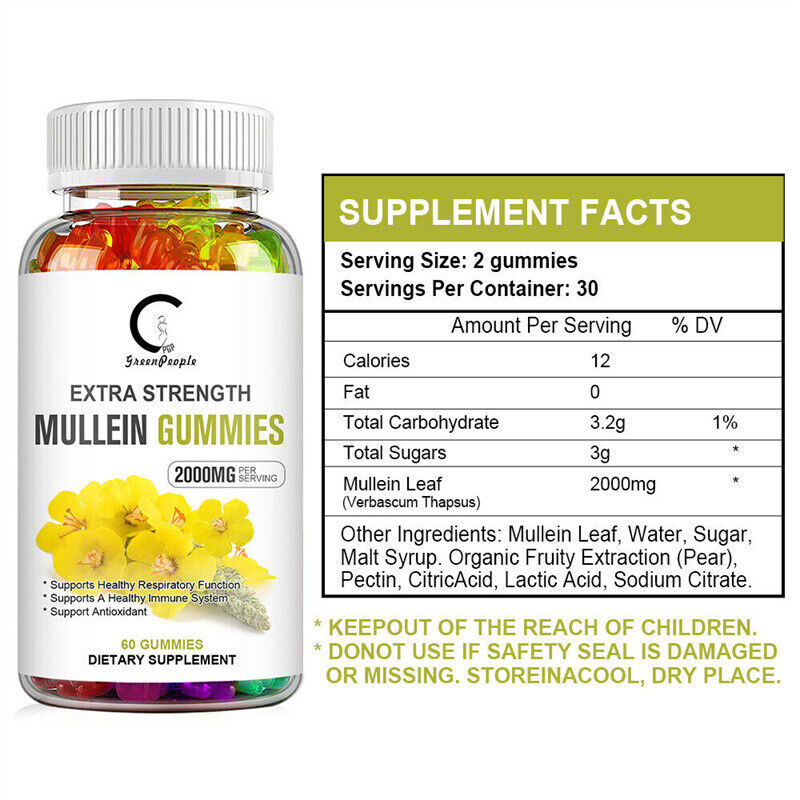 3pcs Organic Mullein Leaf Gummies 60PCS 2000mg,Herbal Natural Dietary Supplement